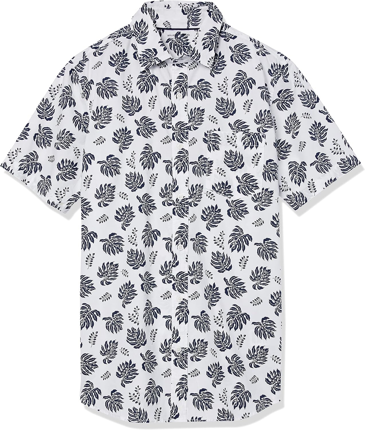 image:imageAmazon Essentials Mens SlimFit ShortSleeve Poplin ShirtWhite Navy Palm Tree