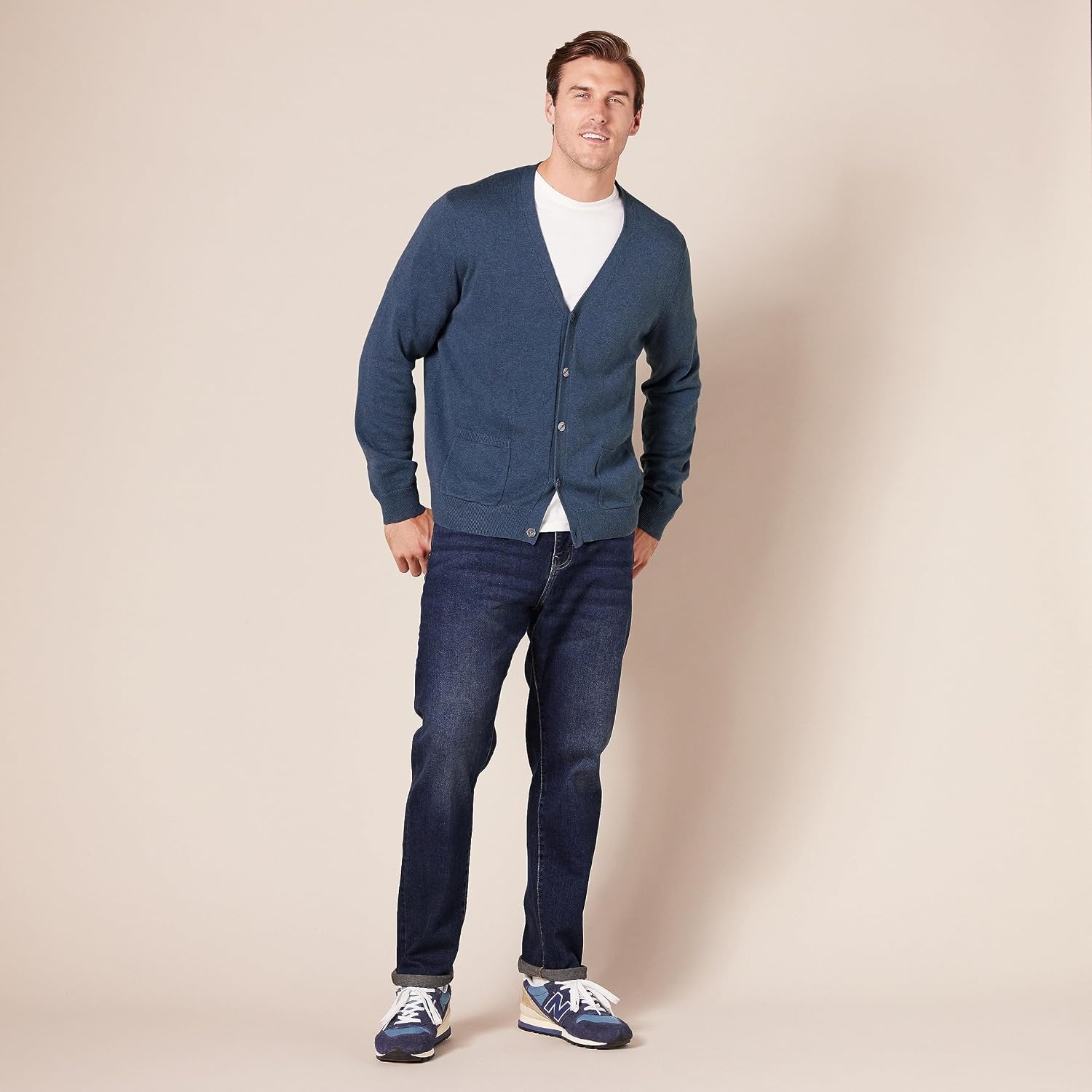 image:imageAmazon Essentials Mens VNeck Cotton Knitted Cardigan Sweater RibbedBlue Heather