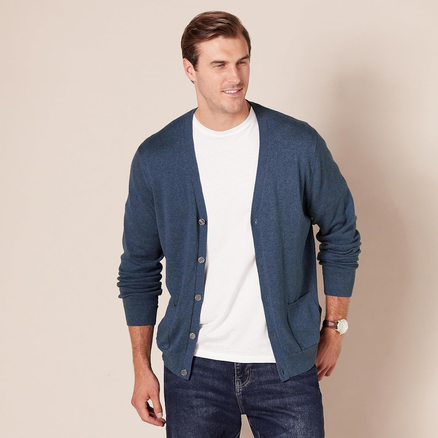 image:imageAmazon Essentials Mens VNeck Cotton Knitted Cardigan Sweater RibbedBlue Heather