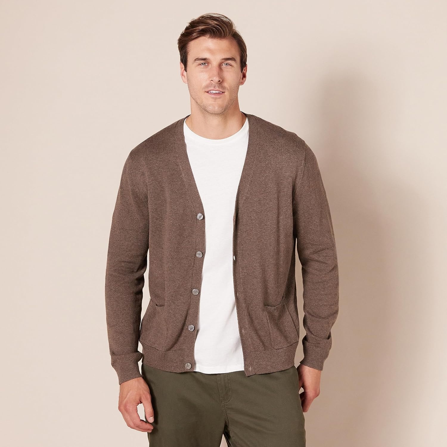 image:imageAmazon Essentials Mens VNeck Cotton Knitted Cardigan Sweater RibbedBrown Heather