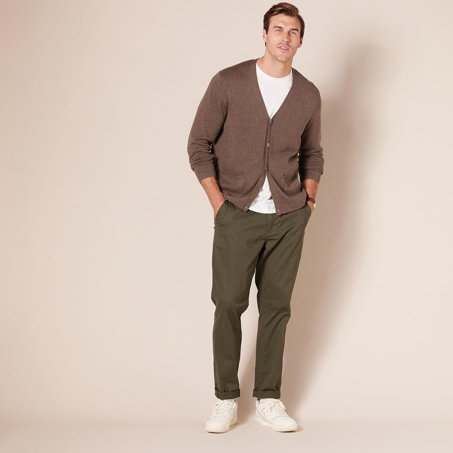 image:imageAmazon Essentials Mens VNeck Cotton Knitted Cardigan Sweater RibbedBrown Heather