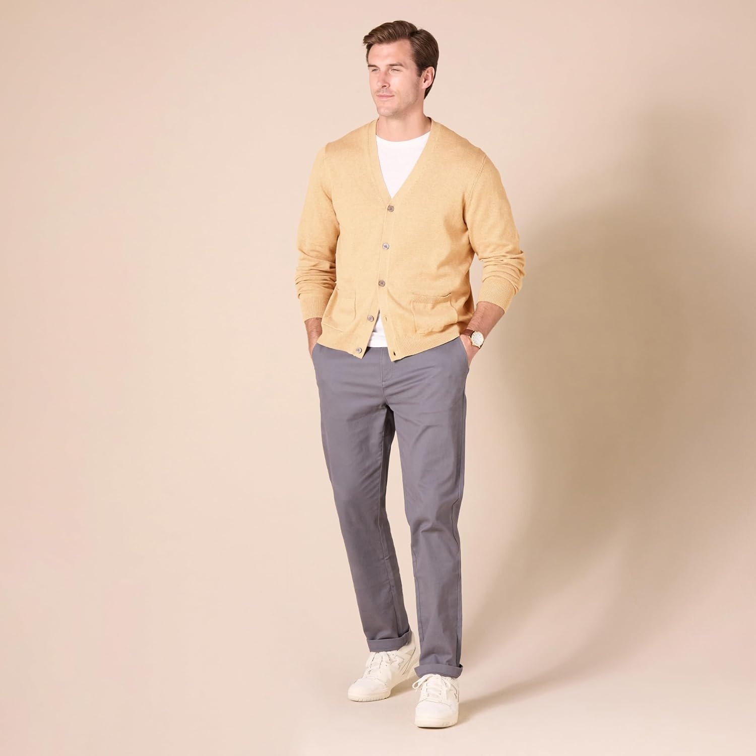 image:imageAmazon Essentials Mens VNeck Cotton Knitted Cardigan Sweater RibbedCamel Heather