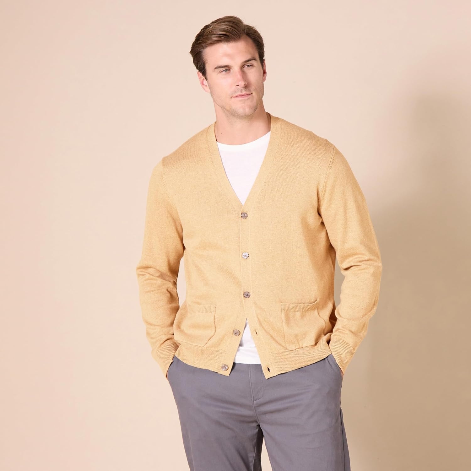 image:imageAmazon Essentials Mens VNeck Cotton Knitted Cardigan Sweater RibbedCamel Heather