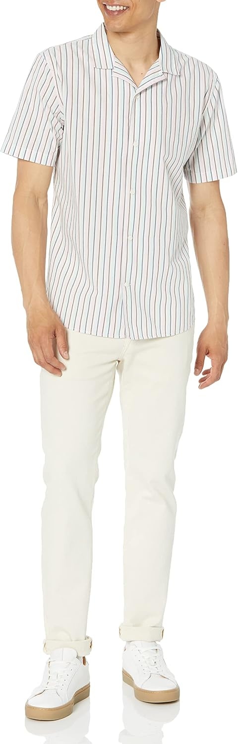 image:imageAmazon Essentials Mens Vacation Cotton ButtonDown Short Sleeve Resort ShirtBlue Pink Vertical Stripe