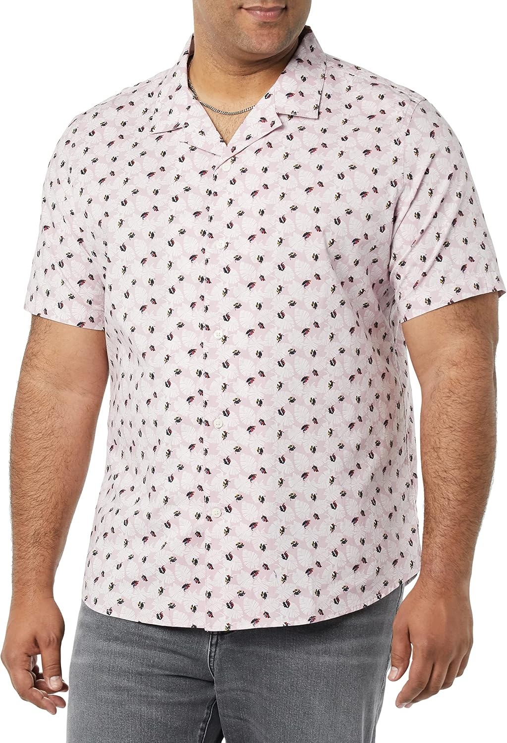 image:imageAmazon Essentials Mens Vacation Cotton ButtonDown Short Sleeve Resort ShirtLavender Palm Leaf Print