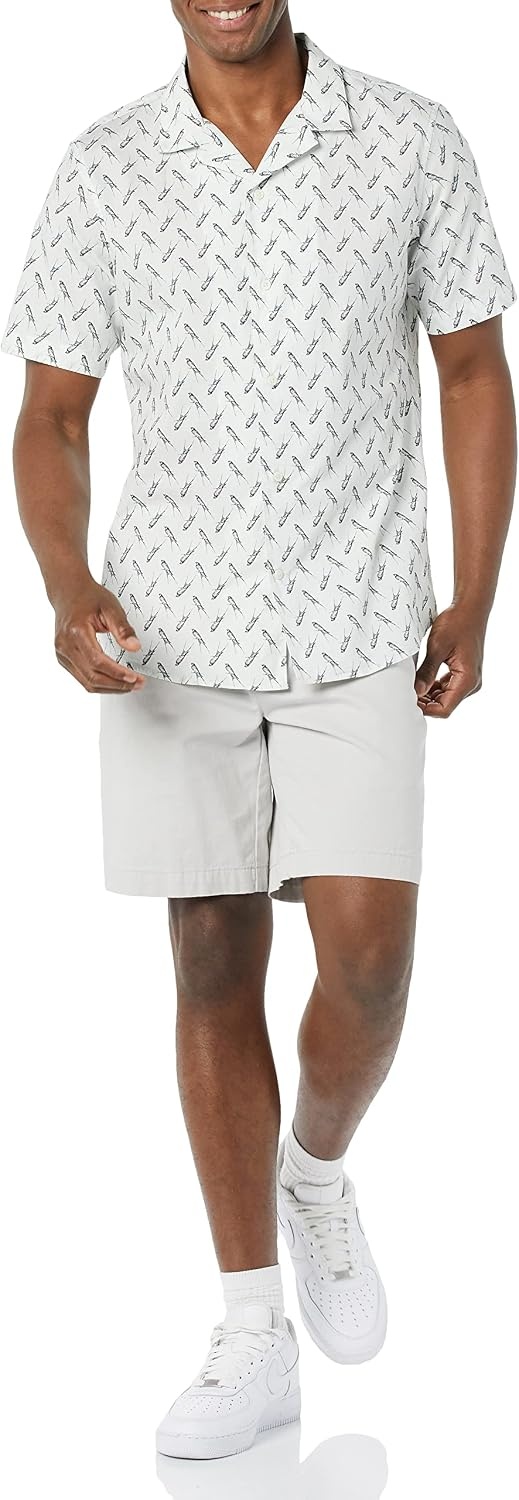 image:imageAmazon Essentials Mens Vacation Cotton ButtonDown Short Sleeve Resort ShirtLight Blue Bird Print