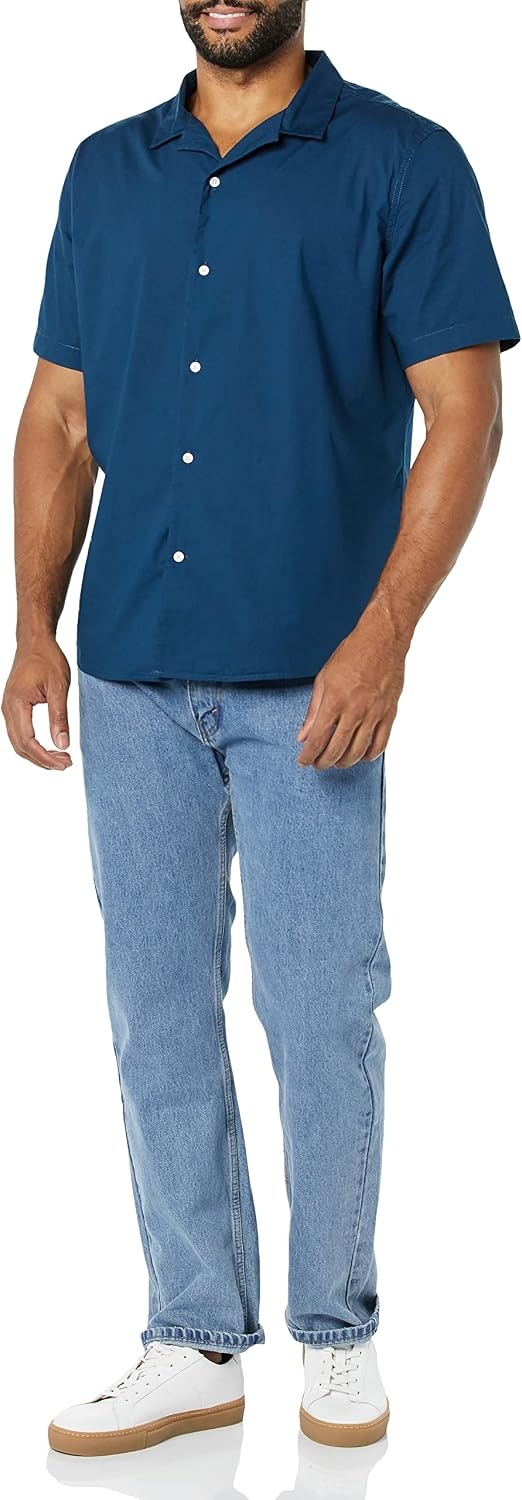 image:imageAmazon Essentials Mens Vacation Cotton ButtonDown Short Sleeve Resort ShirtNavy