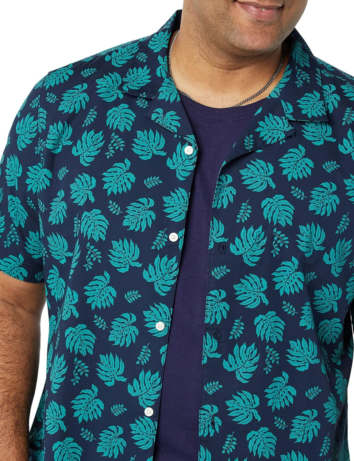 image:imageAmazon Essentials Mens Vacation Cotton ButtonDown Short Sleeve Resort ShirtNavy Palm Leaf