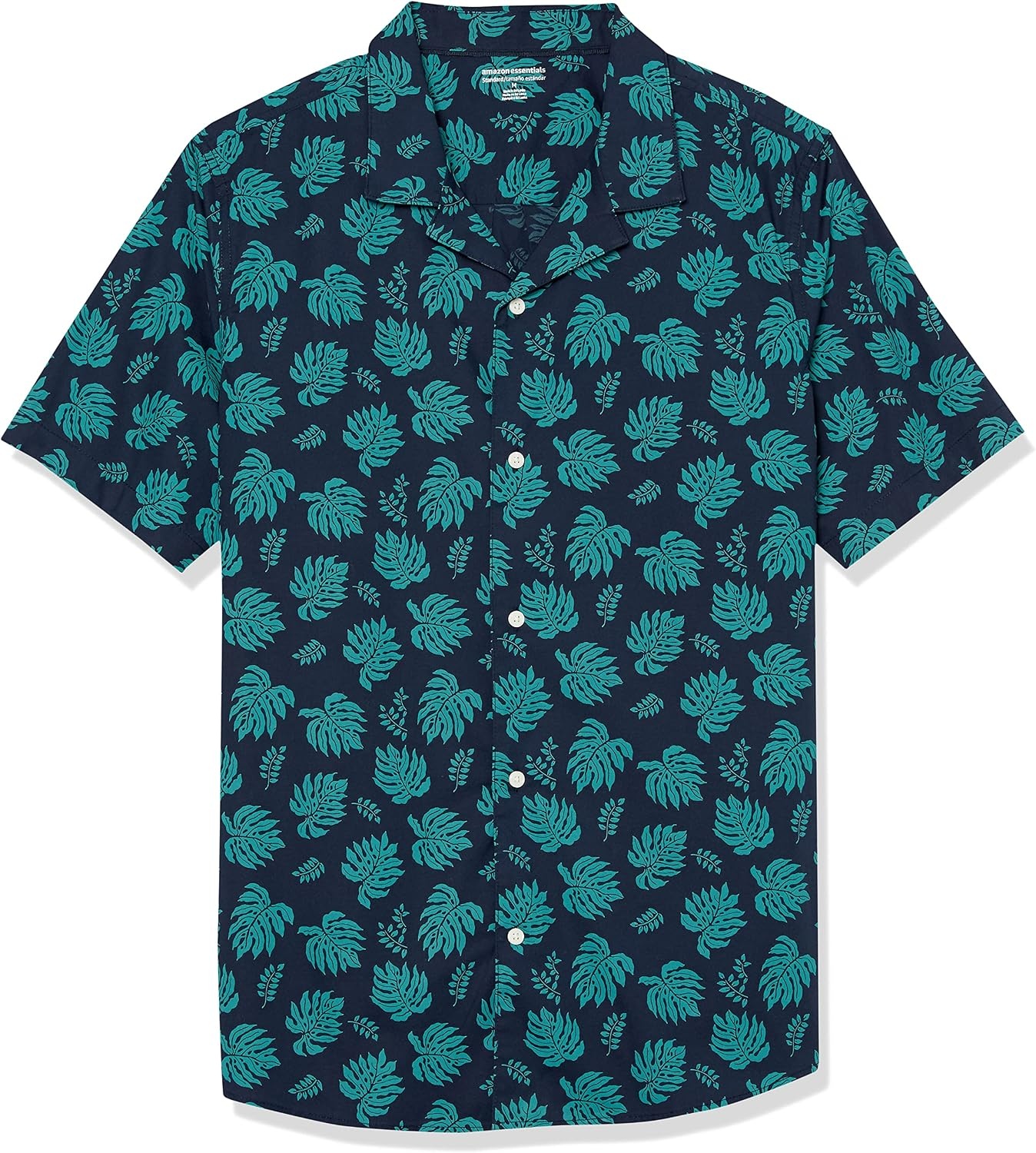image:imageAmazon Essentials Mens Vacation Cotton ButtonDown Short Sleeve Resort ShirtNavy Palm Leaf