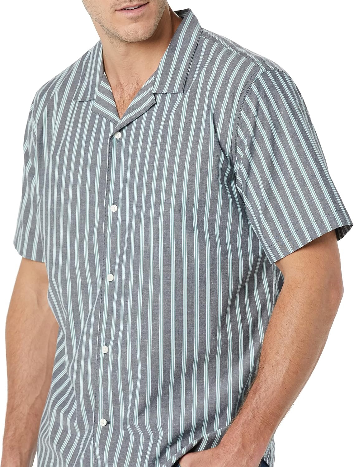 image:imageAmazon Essentials Mens Vacation Cotton ButtonDown Short Sleeve Resort ShirtNavy Stripe
