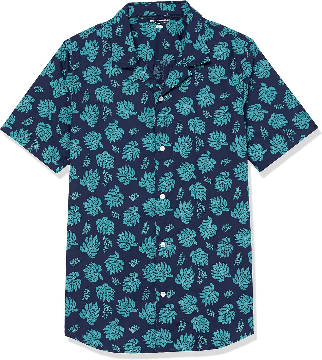 image:imageAmazon Essentials Mens Vacation Cotton ButtonDown Short Sleeve Resort ShirtNavy Teal Green Palm Leaf Print