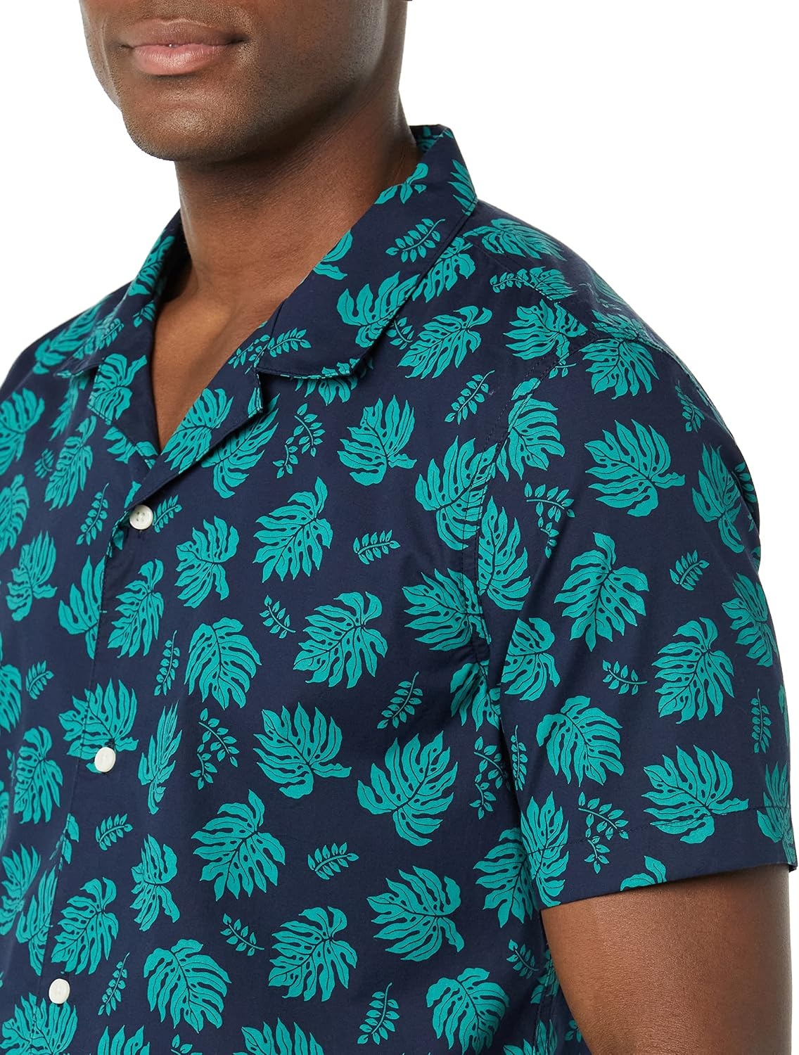image:imageAmazon Essentials Mens Vacation Cotton ButtonDown Short Sleeve Resort ShirtNavy Teal Green Palm Leaf Print