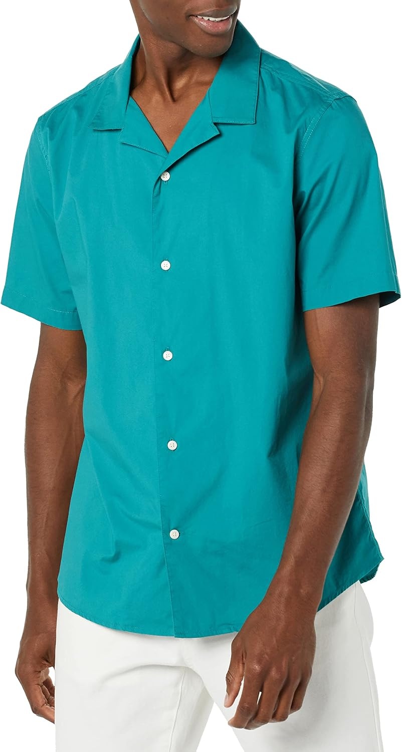 image:imageAmazon Essentials Mens Vacation Cotton ButtonDown Short Sleeve Resort ShirtTeal Blue