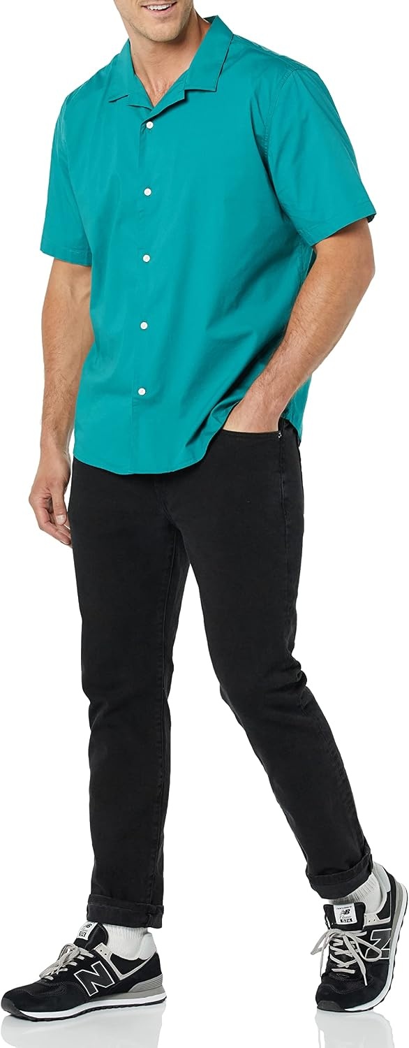 image:imageAmazon Essentials Mens Vacation Cotton ButtonDown Short Sleeve Resort ShirtTeal Blue