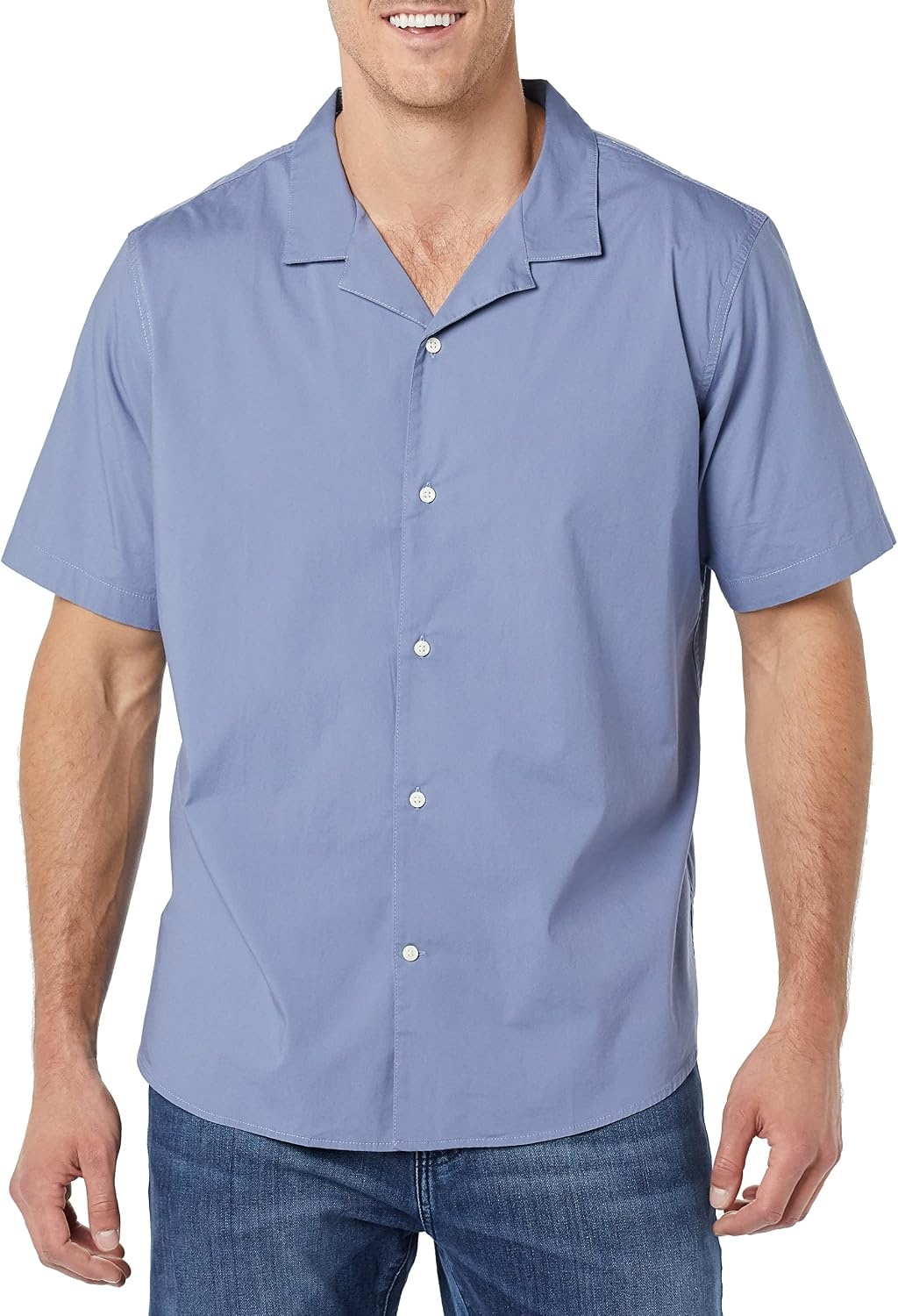 image:imageAmazon Essentials Mens Vacation Cotton ButtonDown Short Sleeve Resort ShirtWashed Blue