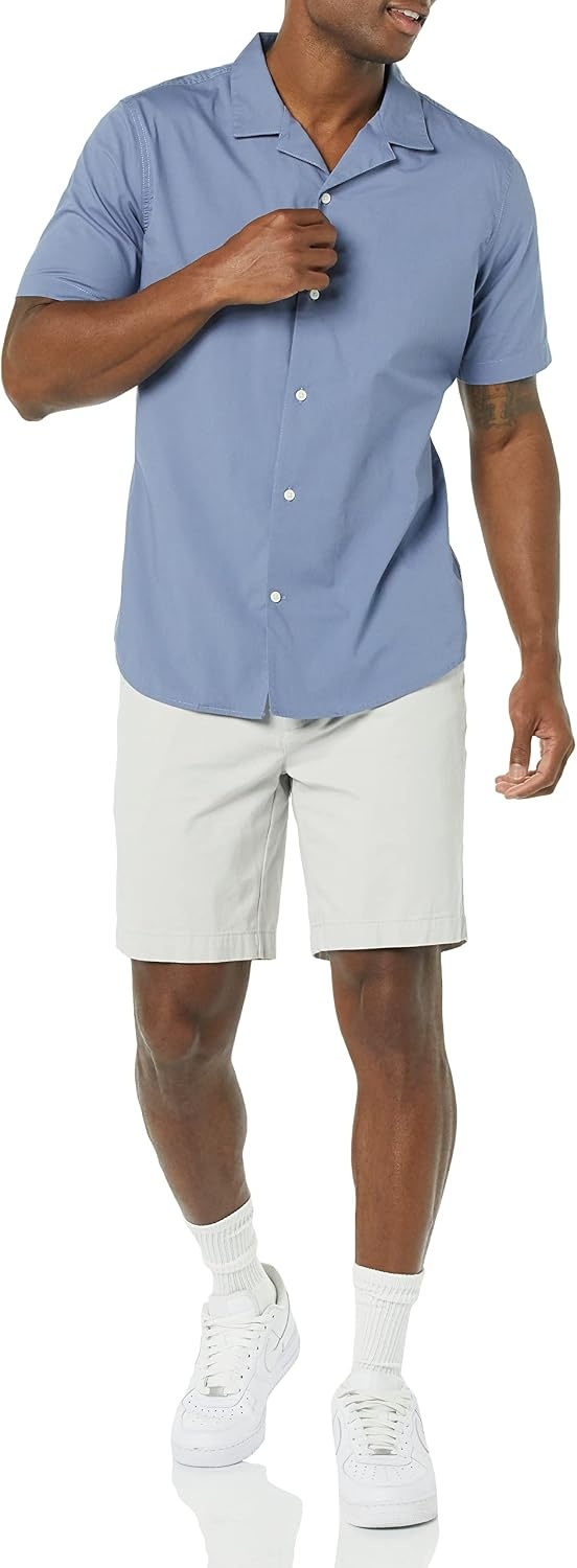 image:imageAmazon Essentials Mens Vacation Cotton ButtonDown Short Sleeve Resort ShirtWashed Blue