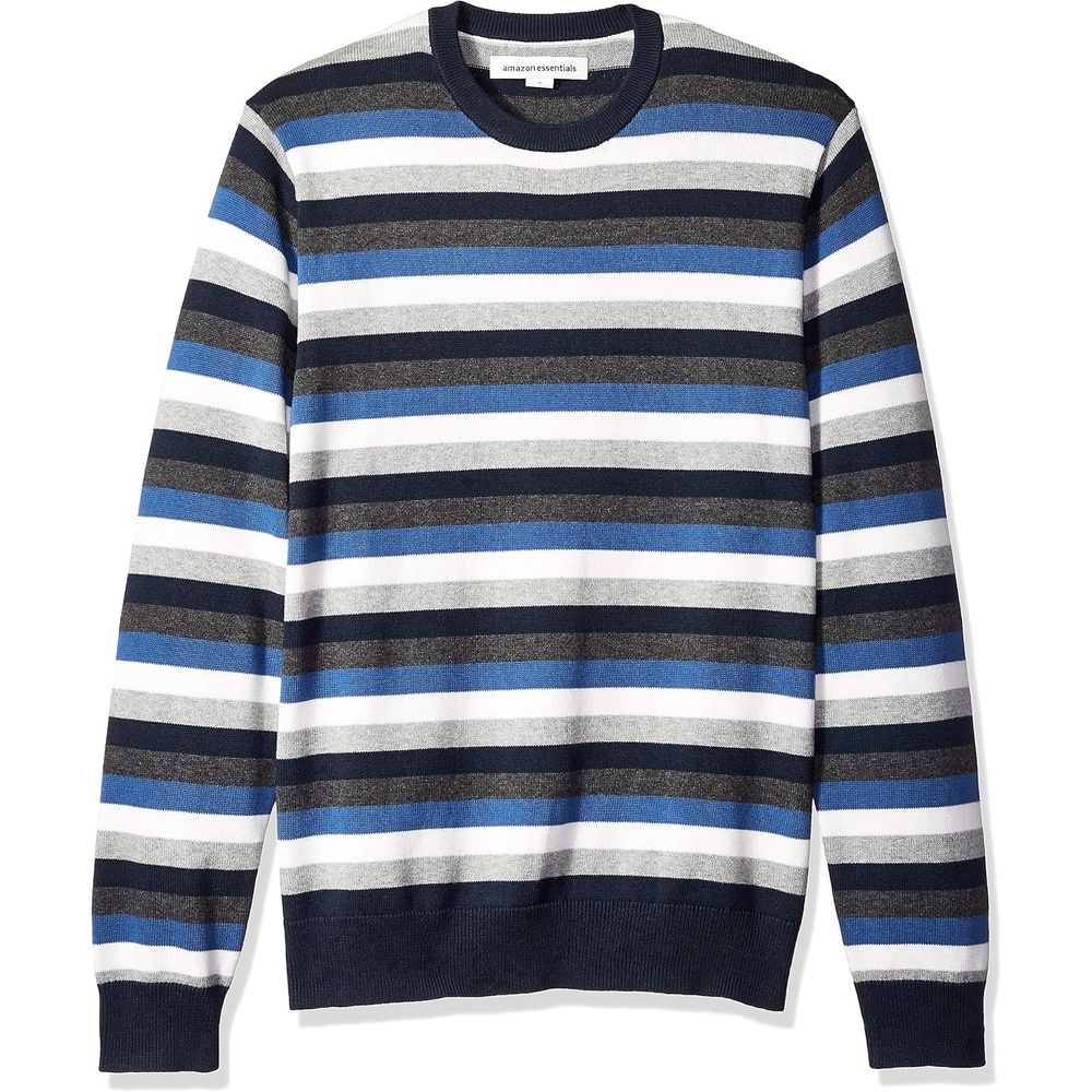 image:imageAmazon Essentials Mens Cable Knit LongSleeve Crewneck Sweater 100 Cotton Big amp Tall Options AvailableBlueMulti Stripe