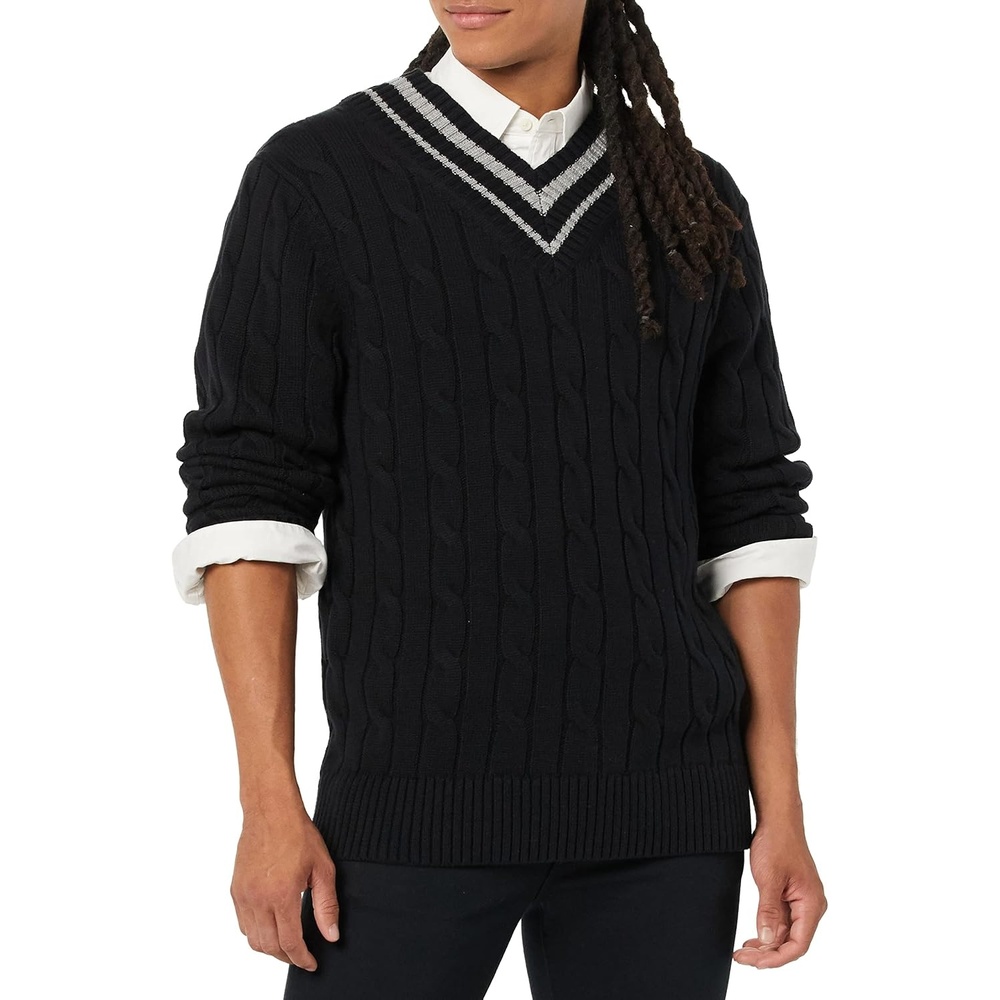 image:imageAmazon Essentials Mens Cable Knit VNeck SweaterBlack