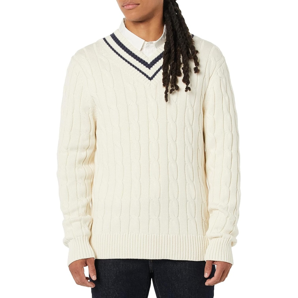 image:imageAmazon Essentials Mens Cable Knit VNeck SweaterLight Beige