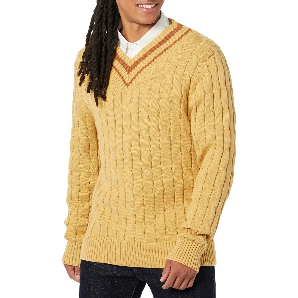 image:imageAmazon Essentials Mens Cable Knit VNeck SweaterTan
