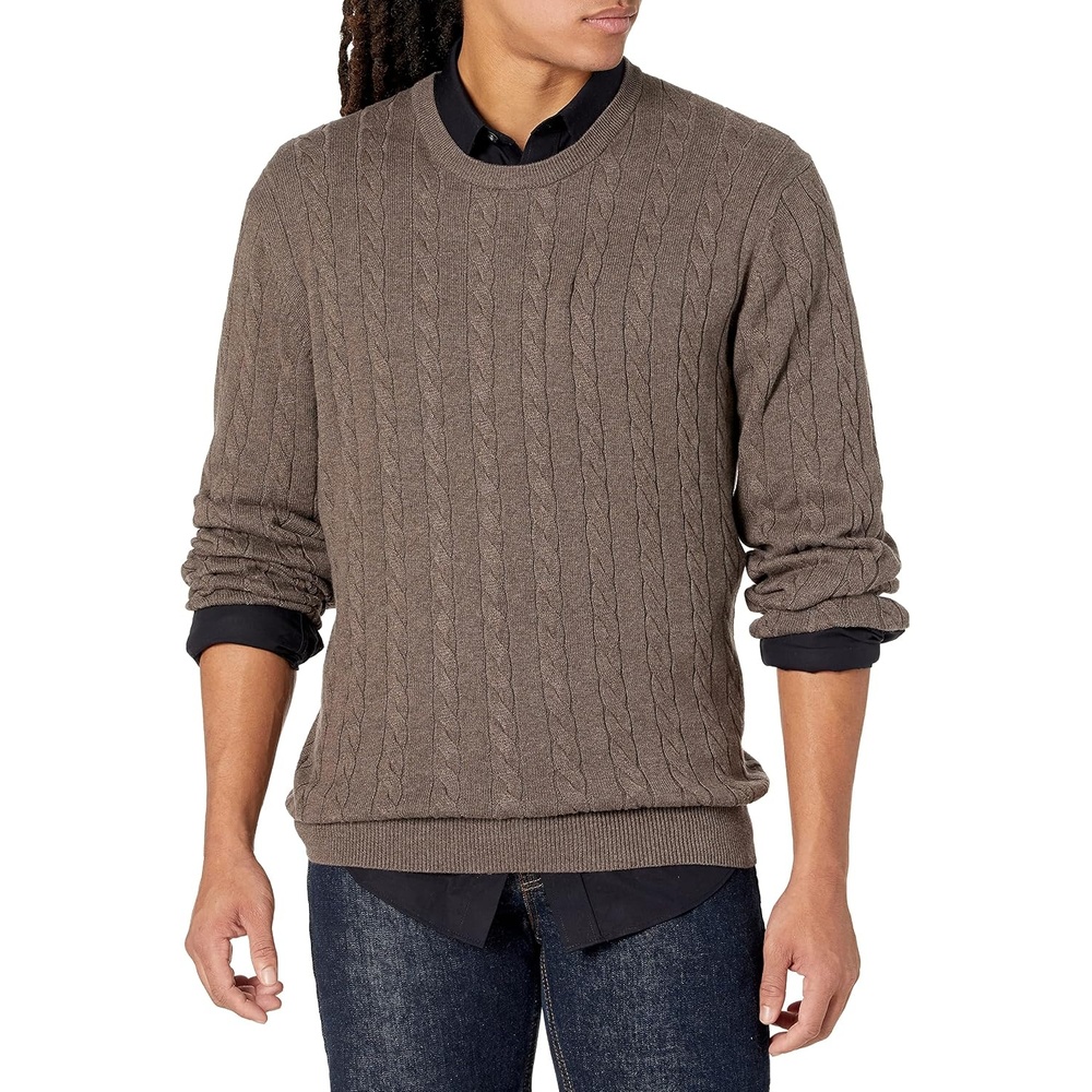 image:imageAmazon Essentials Mens Crewneck Cable Cotton Pullover SweaterBrown Heather