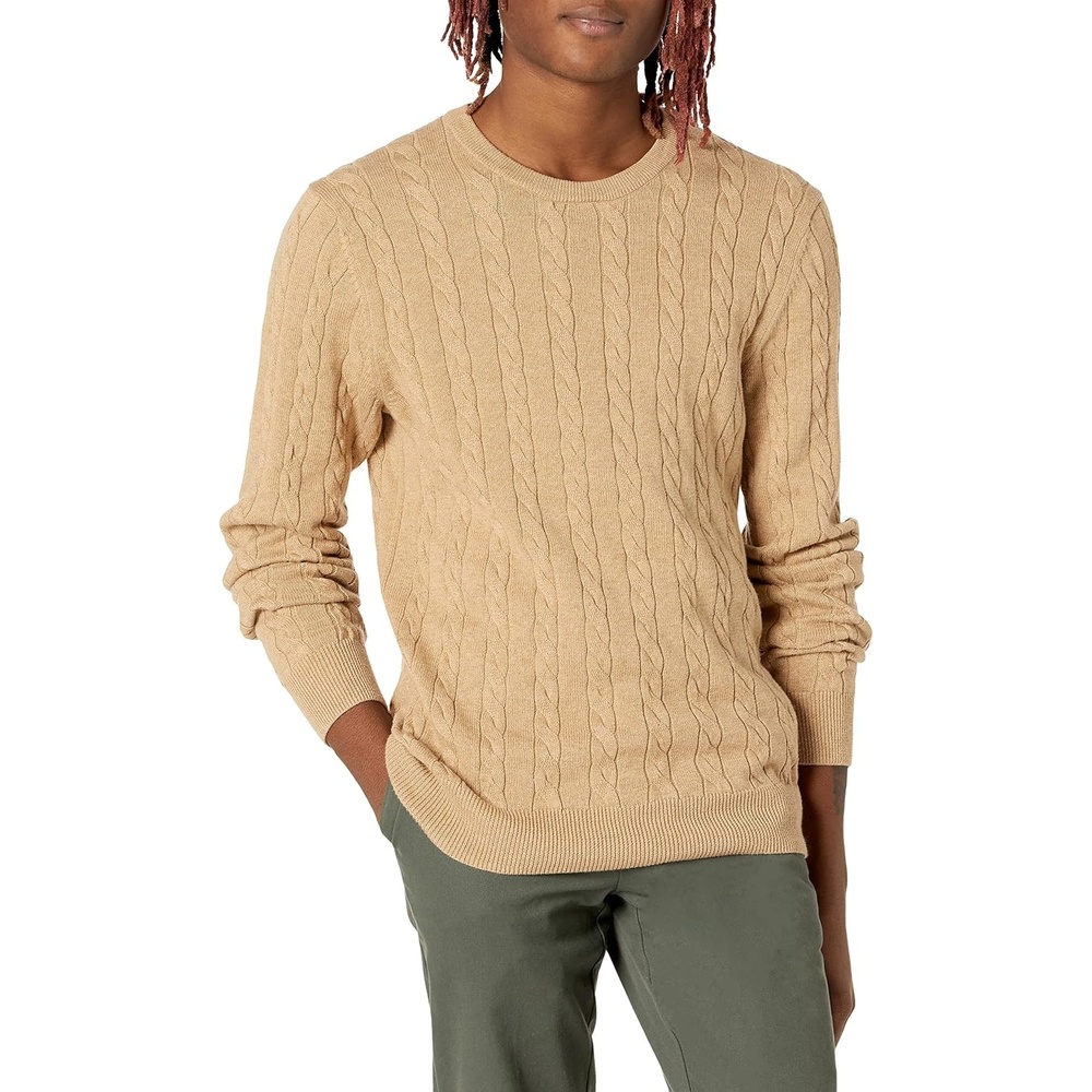 image:imageAmazon Essentials Mens Crewneck Cable Cotton Pullover SweaterCamel Heather