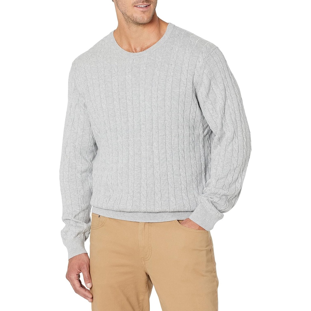 image:imageAmazon Essentials Mens Crewneck Cable Cotton Pullover SweaterLight Grey Heather