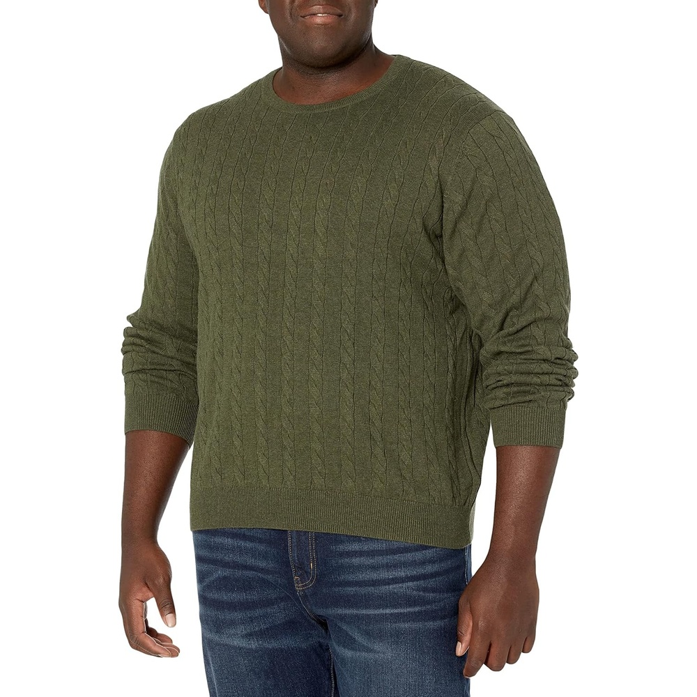 image:imageAmazon Essentials Mens Crewneck Cable Cotton Pullover SweaterOlive Heather