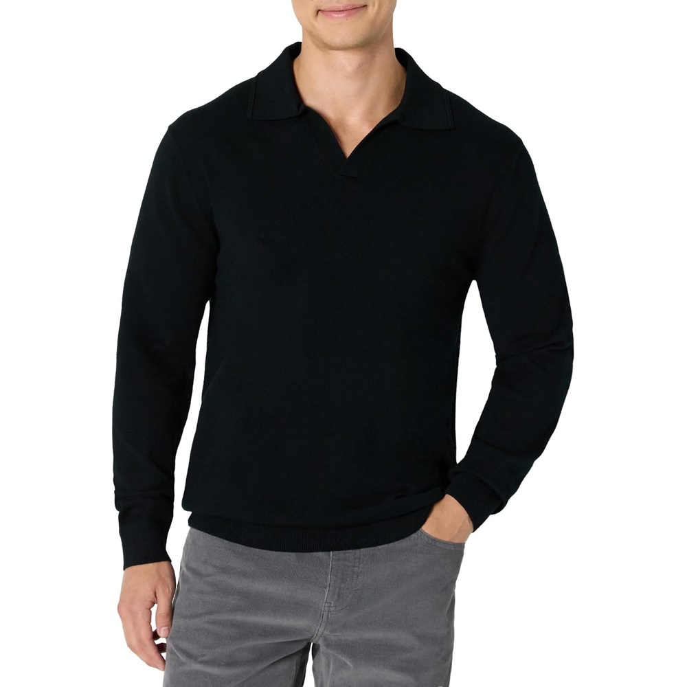 image:imageAmazon Essentials Mens Long Sleeve RegularFit Knit Polo SweaterBlack