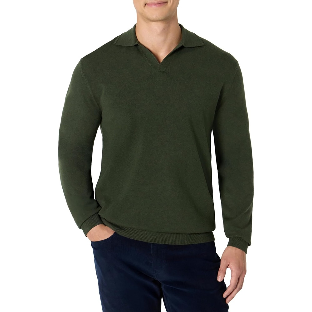image:imageAmazon Essentials Mens Long Sleeve RegularFit Knit Polo SweaterDark Olive