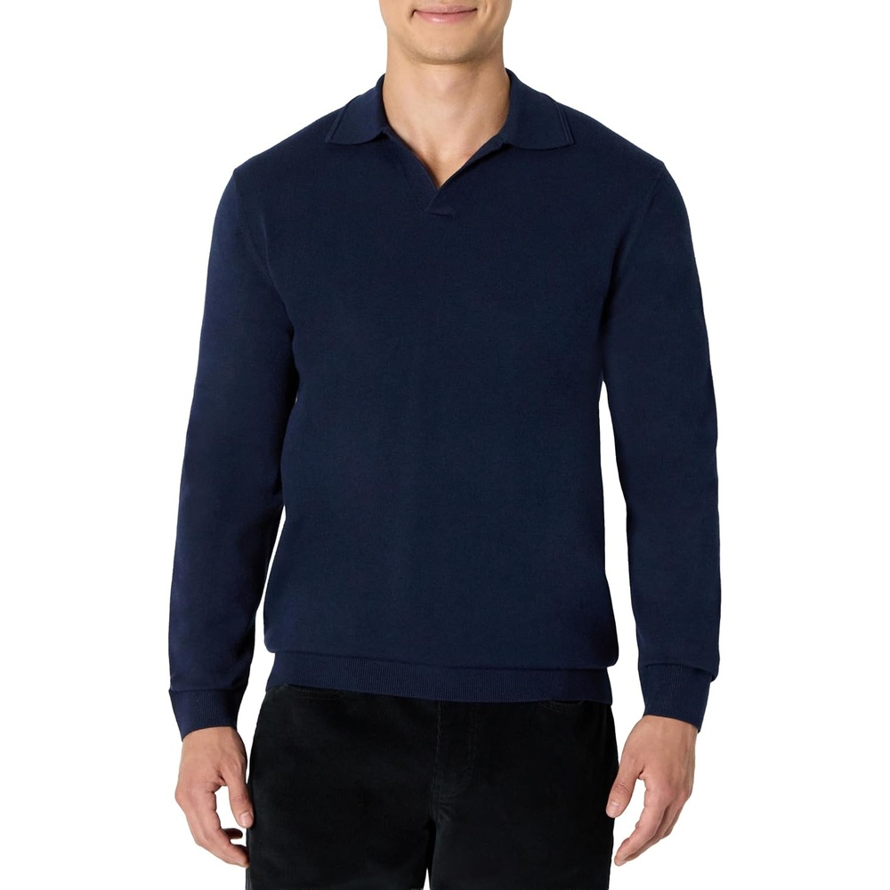image:imageAmazon Essentials Mens Long Sleeve RegularFit Knit Polo SweaterNavy