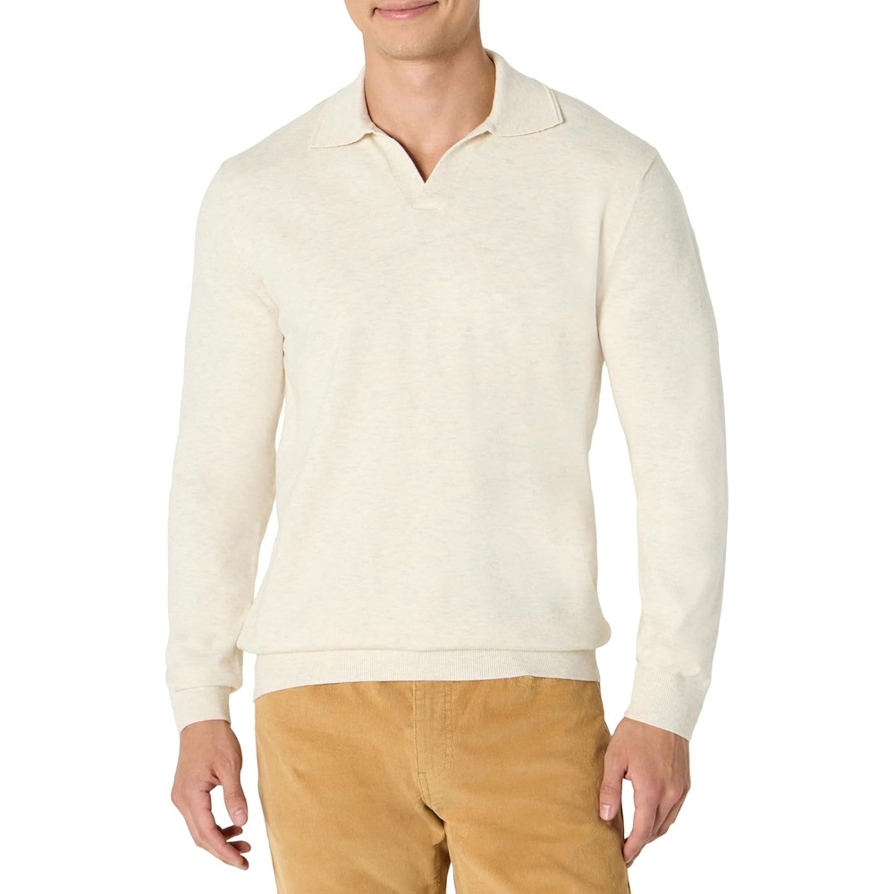 image:imageAmazon Essentials Mens Long Sleeve RegularFit Knit Polo SweaterSand Heather