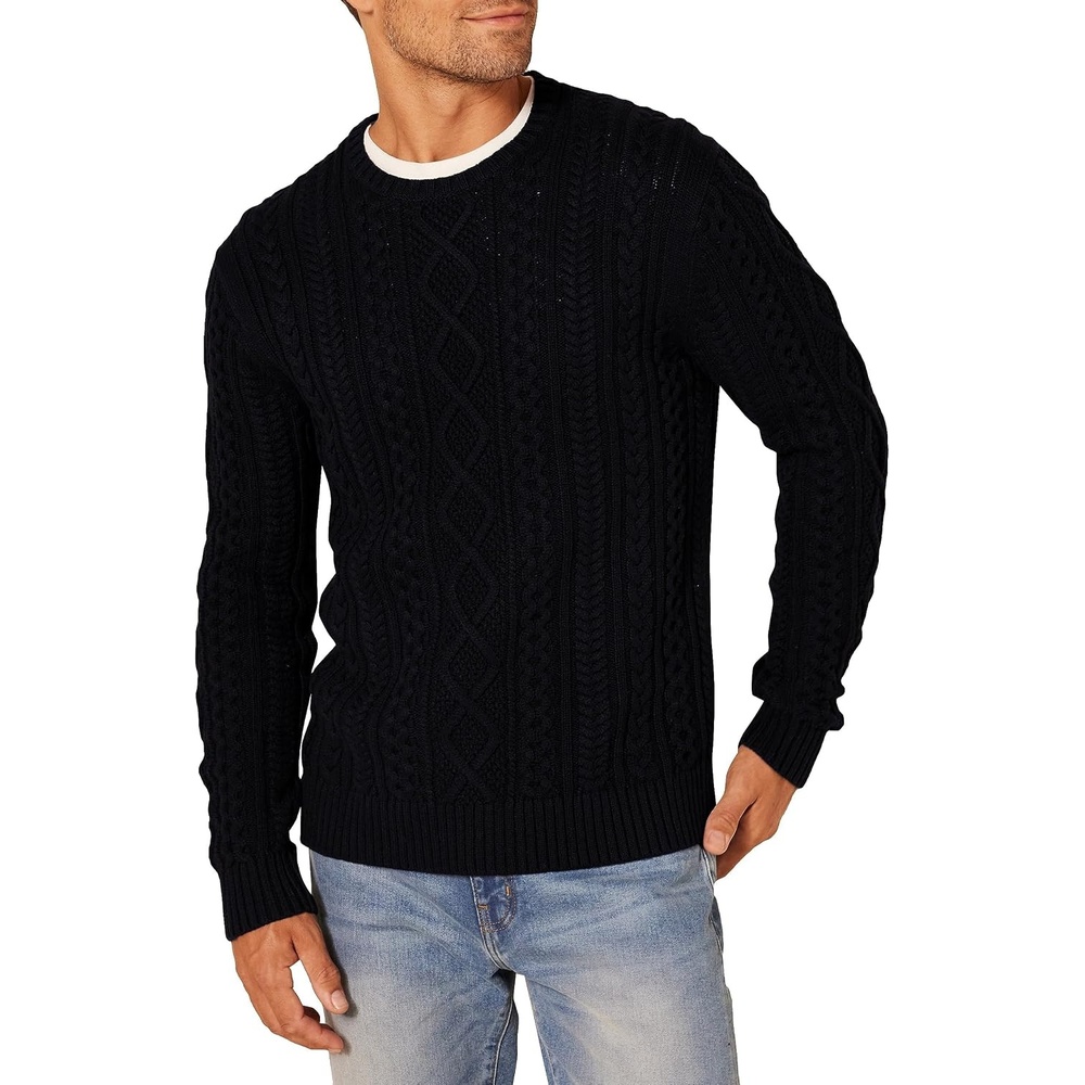 image:imageAmazon Essentials Mens LongSleeve 100 Cotton Fisherman Cable Crewneck SweaterBlack