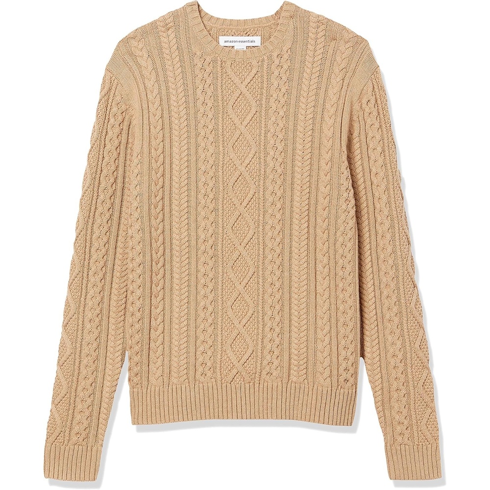image:imageAmazon Essentials Mens LongSleeve 100 Cotton Fisherman Cable Crewneck SweaterCamel
