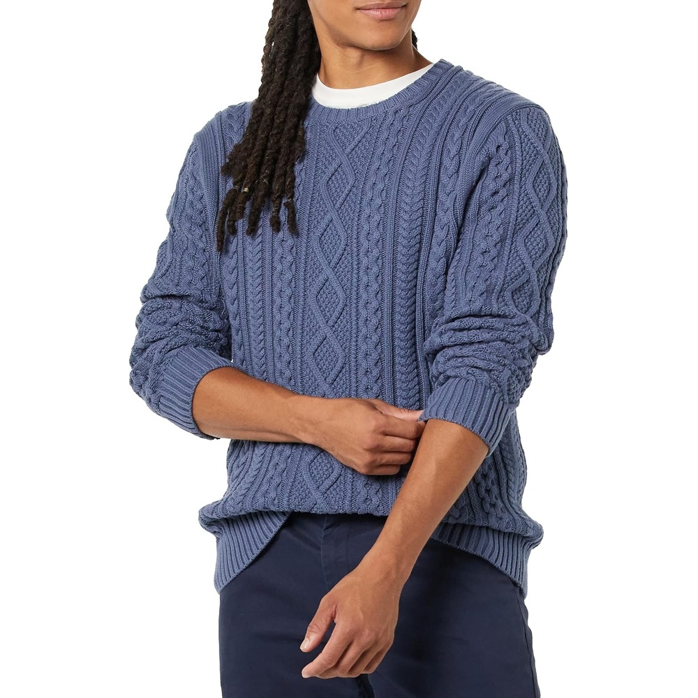 image:imageAmazon Essentials Mens LongSleeve 100 Cotton Fisherman Cable Crewneck SweaterDark Blue