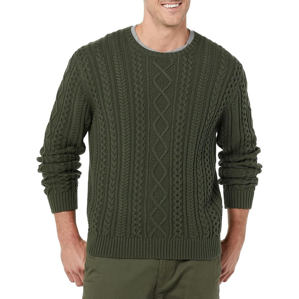 image:imageAmazon Essentials Mens LongSleeve 100 Cotton Fisherman Cable Crewneck SweaterDark Olive