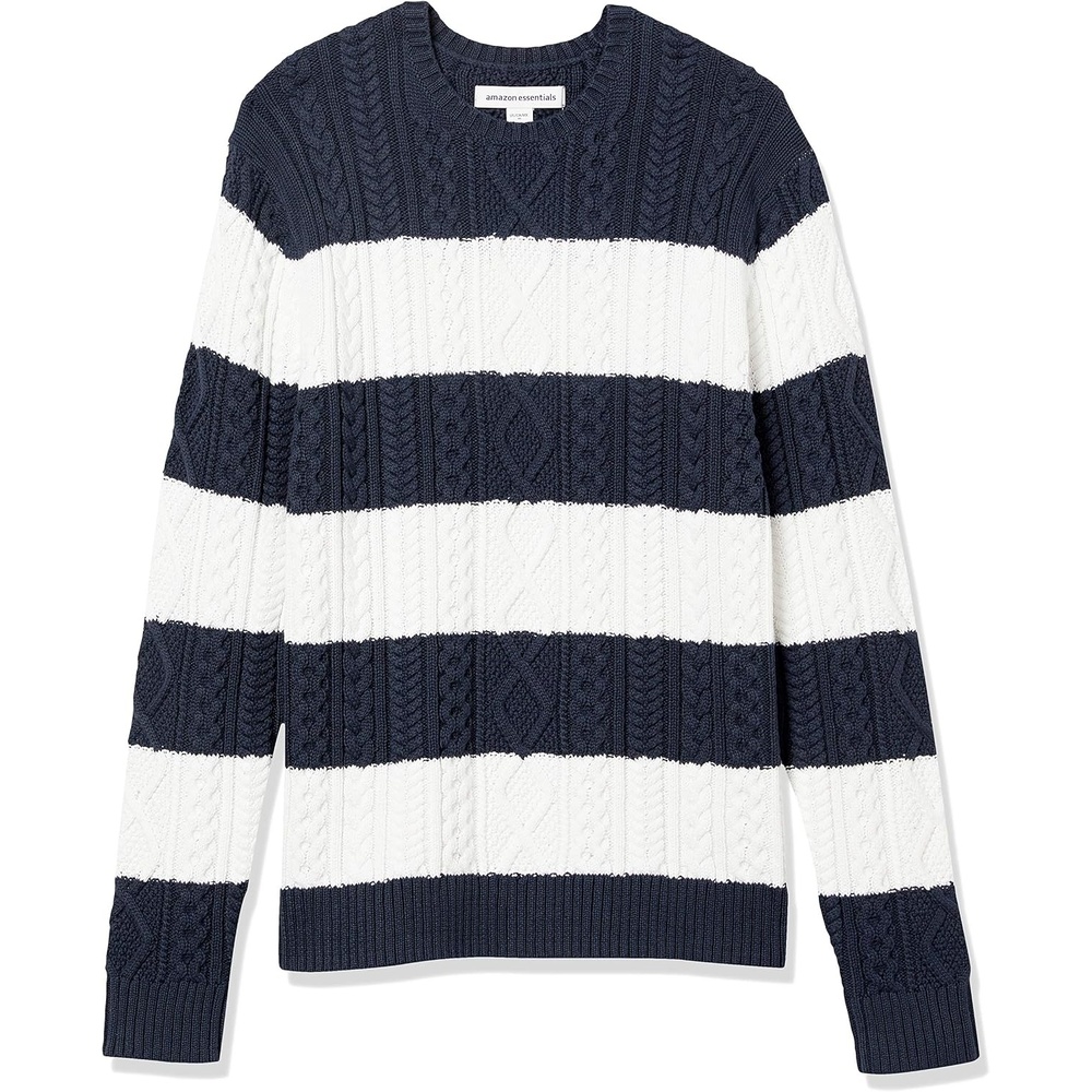 image:imageAmazon Essentials Mens LongSleeve 100 Cotton Fisherman Cable Crewneck SweaterNavy White Rugby Stripe