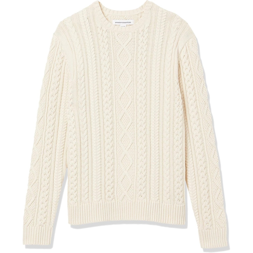 image:imageAmazon Essentials Mens LongSleeve 100 Cotton Fisherman Cable Crewneck SweaterOffwhite