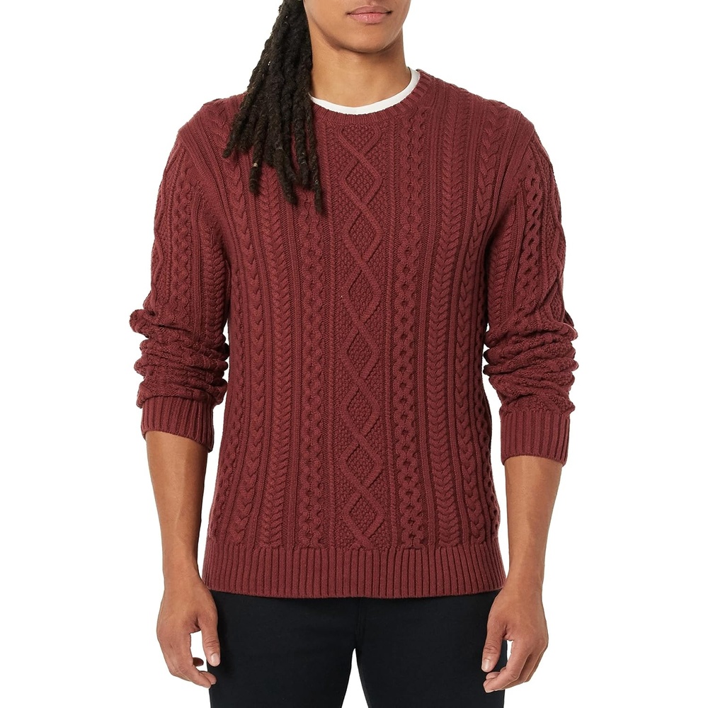 image:imageAmazon Essentials Mens LongSleeve 100 Cotton Fisherman Cable Crewneck SweaterOxblood