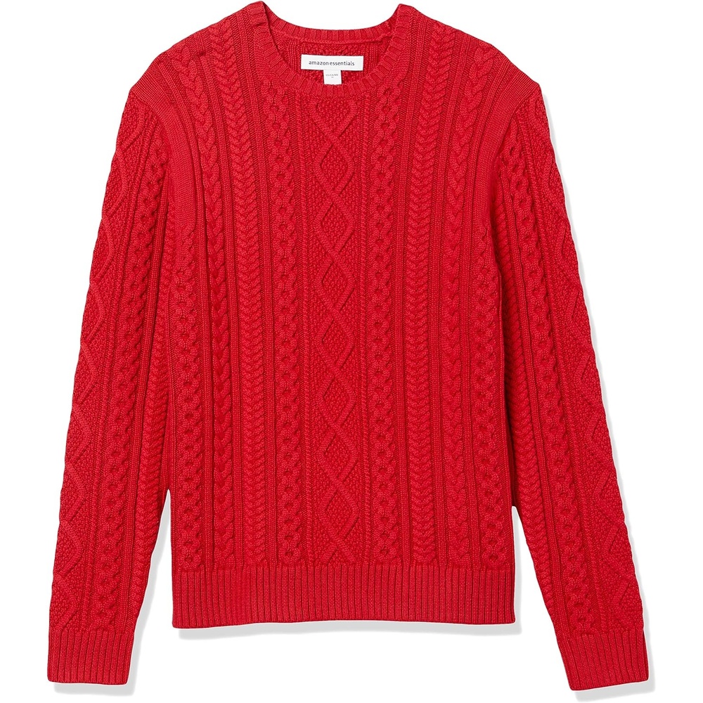 image:imageAmazon Essentials Mens LongSleeve 100 Cotton Fisherman Cable Crewneck SweaterRed