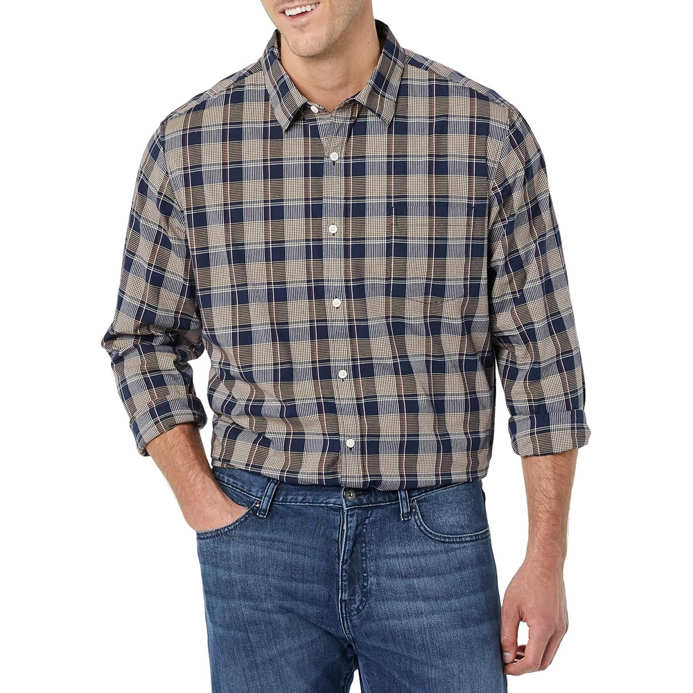 image:imageAmazon Essentials Mens LongSleeve RegularFit Stretch Poplin ShirtGoldNavy Check