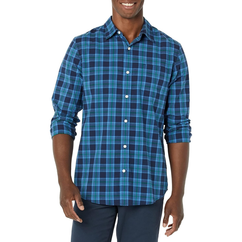 image:imageAmazon Essentials Mens LongSleeve RegularFit Stretch Poplin ShirtGreen Navy Plaid