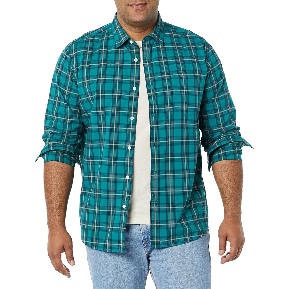 image:imageAmazon Essentials Mens LongSleeve RegularFit Stretch Poplin ShirtGreenGold Check