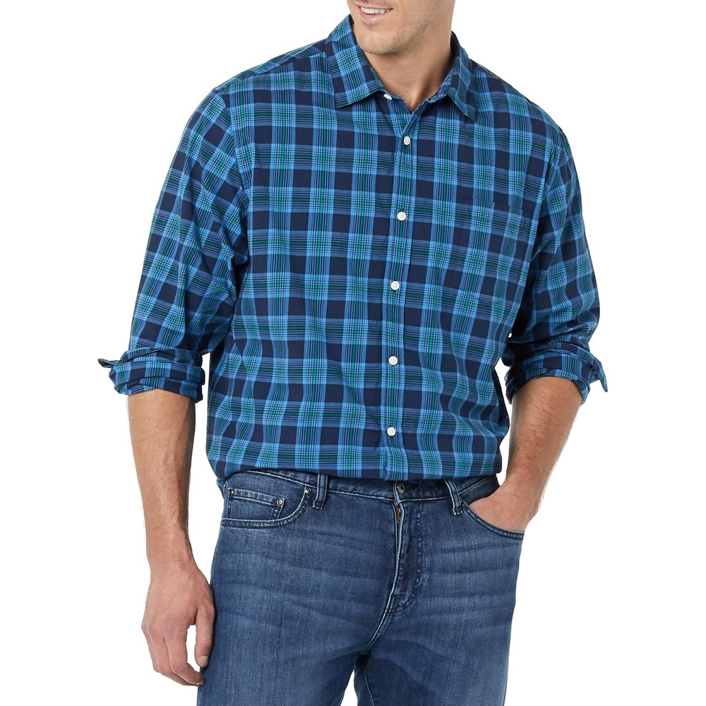 image:imageAmazon Essentials Mens LongSleeve RegularFit Stretch Poplin ShirtIndigo Navy Plaid