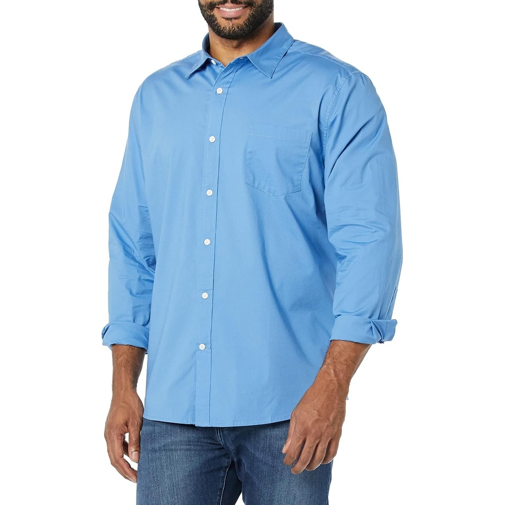 image:imageAmazon Essentials Mens LongSleeve RegularFit Stretch Poplin ShirtLight Blue