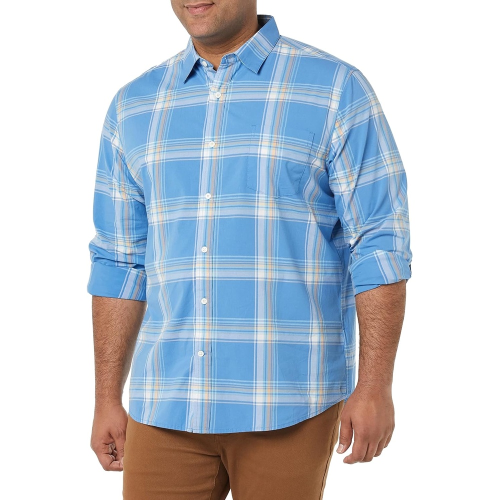 image:imageAmazon Essentials Mens LongSleeve RegularFit Stretch Poplin ShirtLight BlueIndigo Plaid