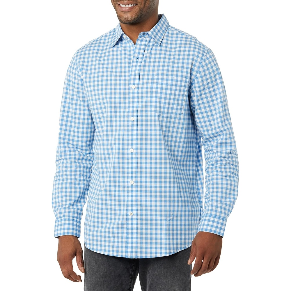 image:imageAmazon Essentials Mens LongSleeve RegularFit Stretch Poplin ShirtLight BlueWhite Gingham