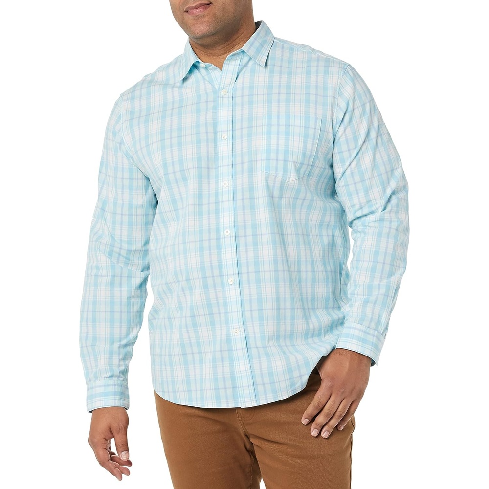 image:imageAmazon Essentials Mens LongSleeve RegularFit Stretch Poplin ShirtLight BlueWhite Plaid