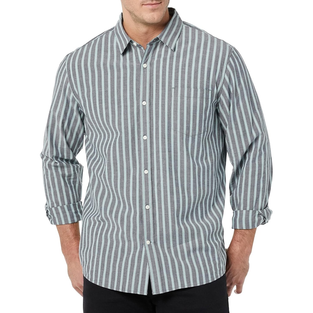 image:imageAmazon Essentials Mens LongSleeve RegularFit Stretch Poplin ShirtNavy Awning Stripe
