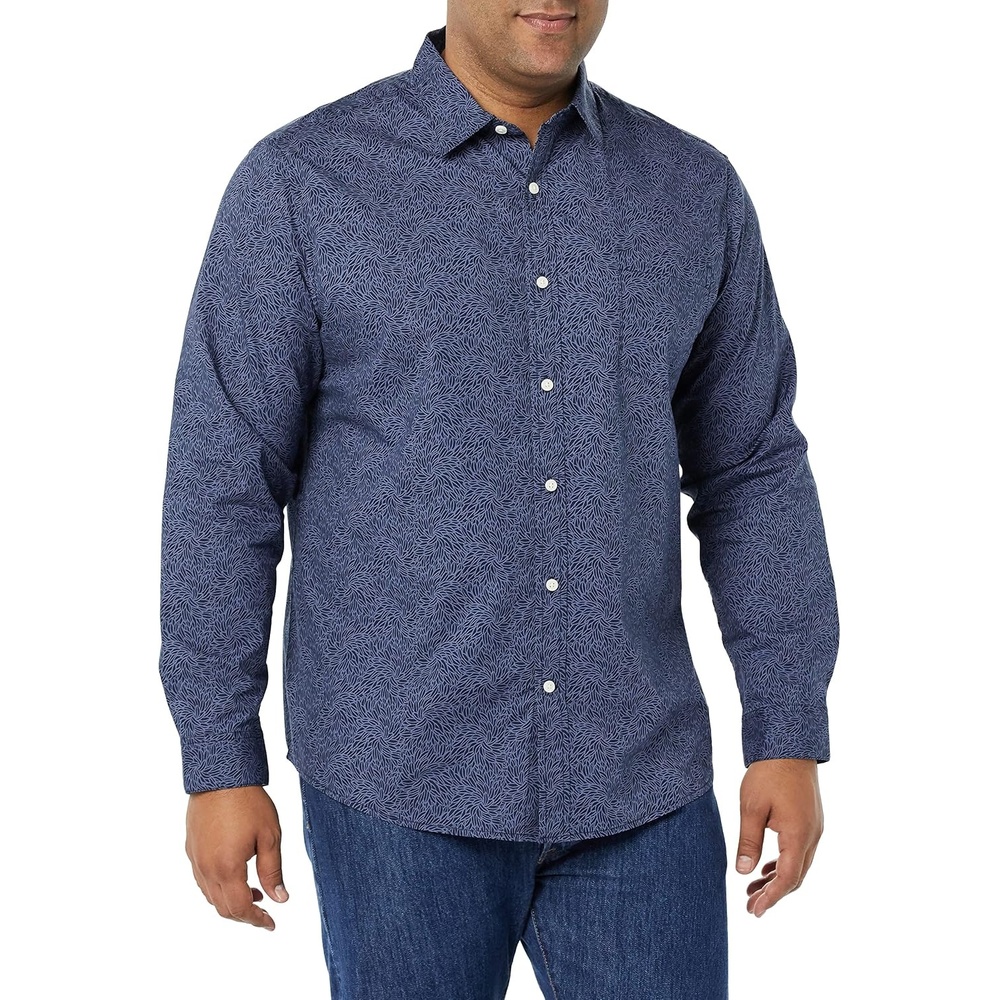 image:imageAmazon Essentials Mens LongSleeve RegularFit Stretch Poplin ShirtNavy Tonal Floral Print